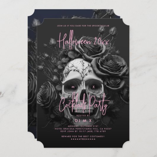 Gothic Retro Adult Halloween Party Skull Pink 招待状 (正面/裏面)