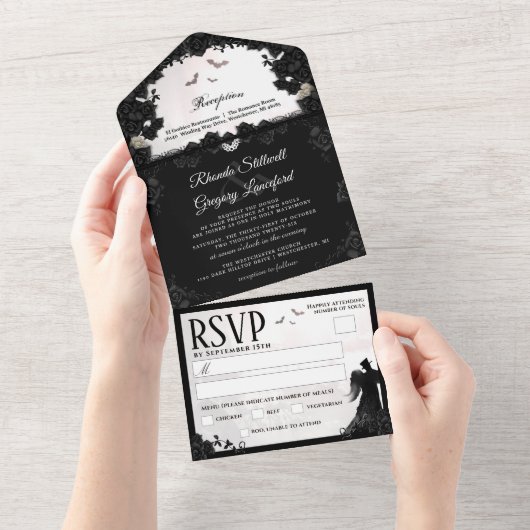 Gothic Romance結婚's （メニューRSVP）全て1つのInvに オールインワン招待状 (貼ってはがせる)