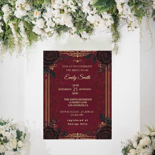 Gothic Romance Burgundy&Black Roses Bridal Shower 招待状