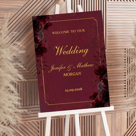 Gothic Romance Burgundy Roses Elegant Welcome Sign ポスター