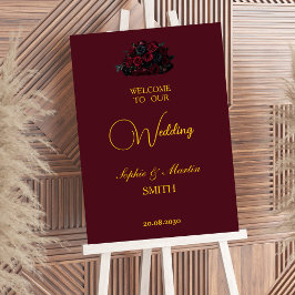 Gothic Romance Burgundy Roses Elegant Welcome Sign ポスター