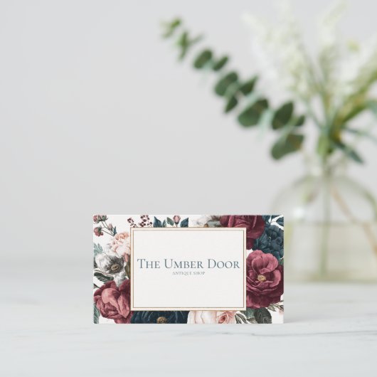 Gothic Rose Floral Burgundy and Navy Gold Frame 名刺 (スタンド正面)