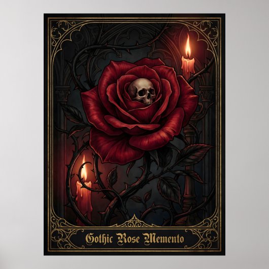 Gothic Rose Memento Mori Skull Dark Floral Candle ポスター (正面)