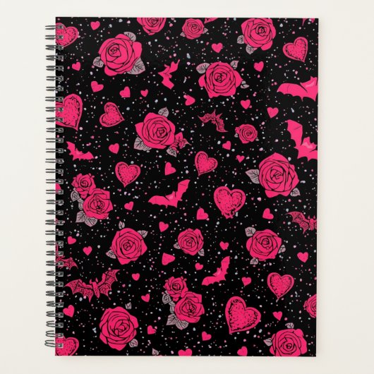 Gothic Roses & Bats Pattern | Hot Pink Dark Romanc プランナー手帳 (正面)
