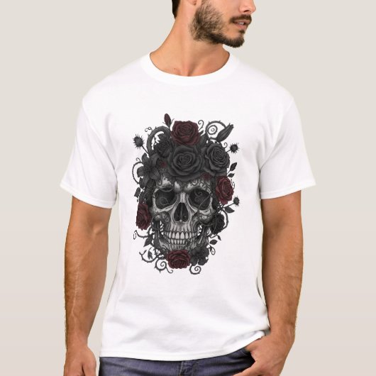 Gothic Roses Skull – Día de los Muertos Art Tシャツ (正面)