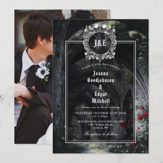 Gothic Ruins Roses Floral Monogram Photo Wedding 招待状 (正面/裏面)