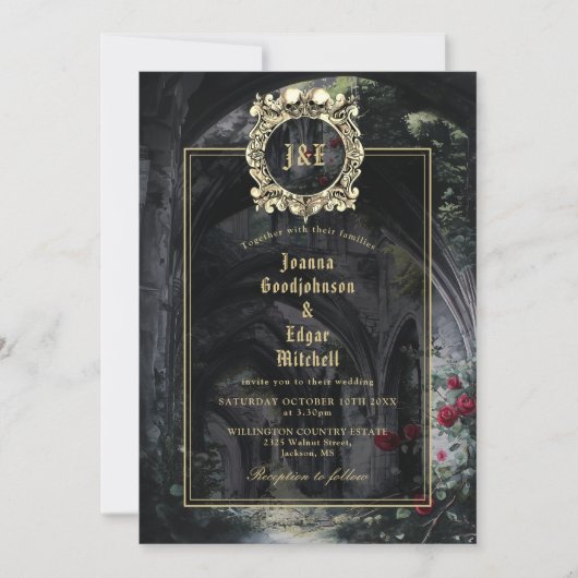 Gothic Ruins Roses Floral Monogram Photo Wedding 招待状 (正面)