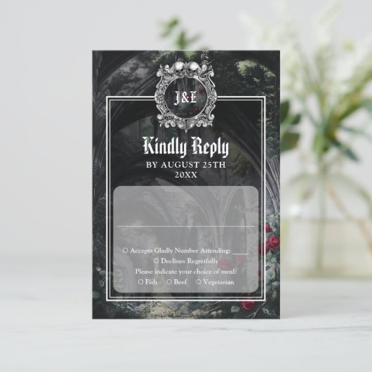 Gothic Ruins Roses Floral Monogram Wedding 出欠カード (スタンド正面)