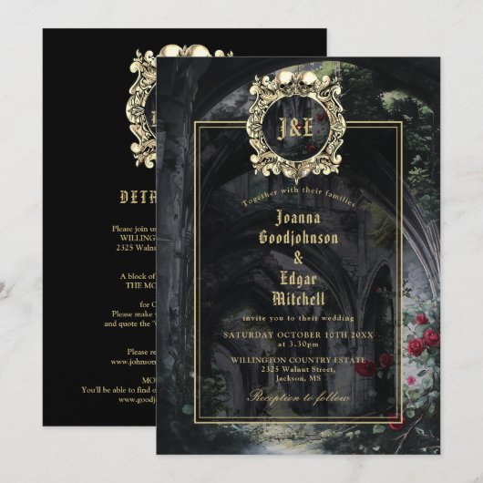 Gothic Ruins Roses Monogram All In One Wedding 招待状 (正面/裏面)