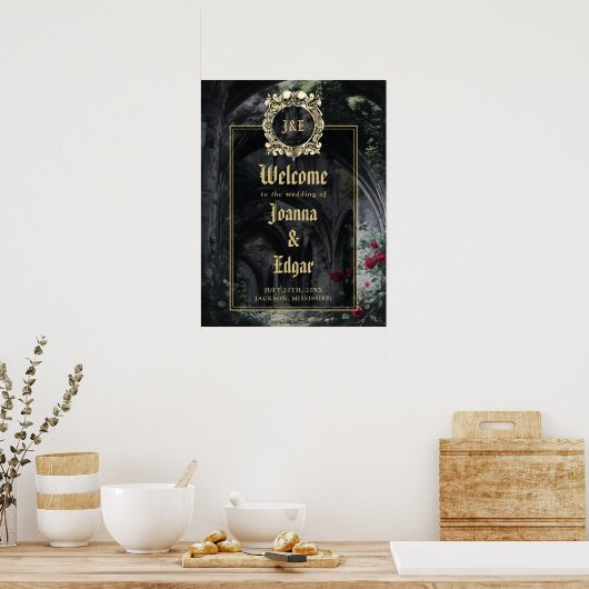 Gothic Ruins Wedding Black And Gold Welcome Sign ポスター (キッチン)