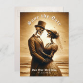 Gothic Sepia Skeleton Couple Wedding Save the Date 案内ポストカード (正面/裏面)