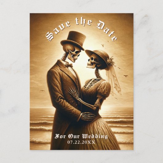 Gothic Sepia Skeleton Couple Wedding Save the Date 案内ポストカード (正面)