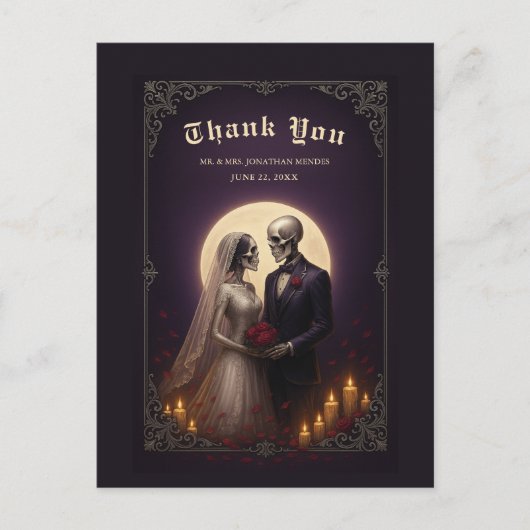 Gothic Skeleton Couple Elegant Wedding Thank You ポストカード (正面)