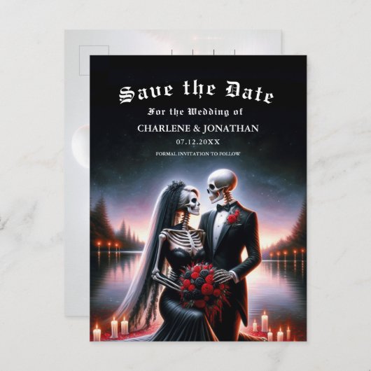 Gothic Skeleton Couple Navy Save the Date 案内ポストカード (正面/裏面)