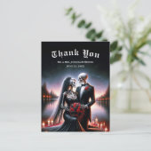 Gothic Skeleton Couple Navy Wedding Thank You ポストカード (スタンド正面)