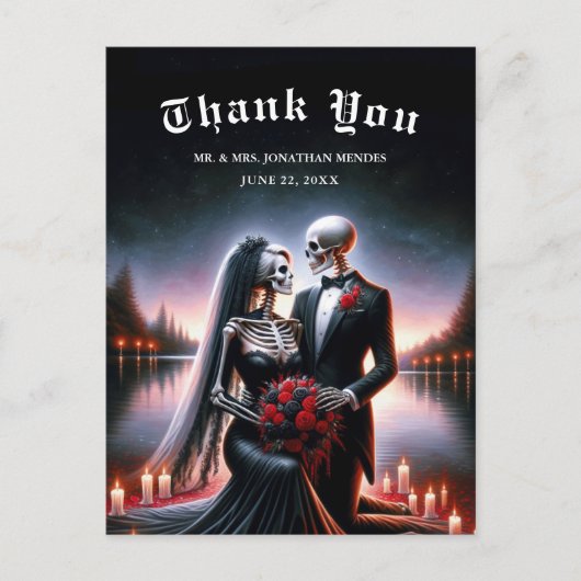Gothic Skeleton Couple Navy Wedding Thank You ポストカード (正面)