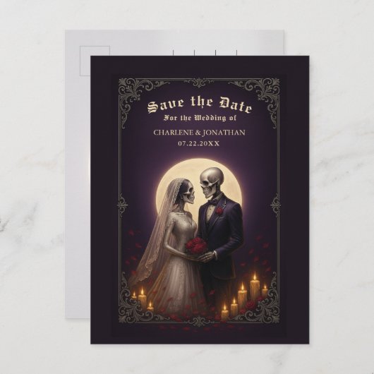 Gothic Skeleton Couple Purple Save the Date 案内ポストカード (正面/裏面)