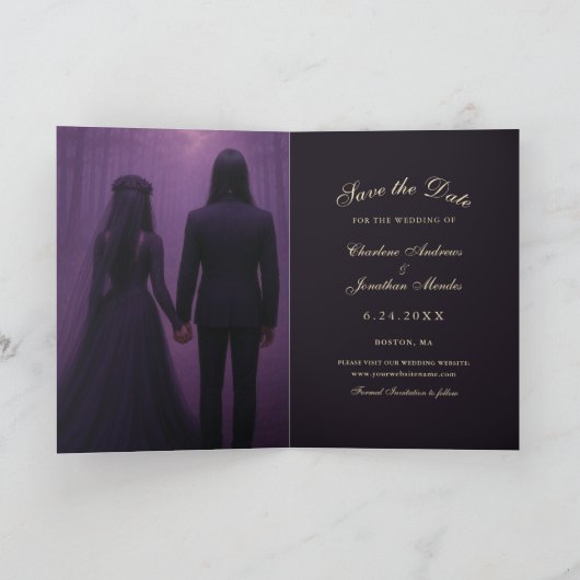 Gothic Skeleton Couple Purple Save the Date 案内状 (内部)