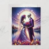Gothic Skeleton Couple Red Roses Save the Date 案内ポストカード (正面/裏面)