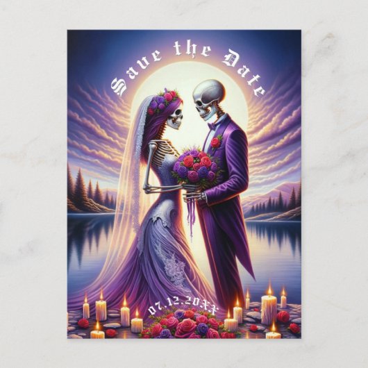 Gothic Skeleton Couple Red Roses Save the Date 案内ポストカード (正面)