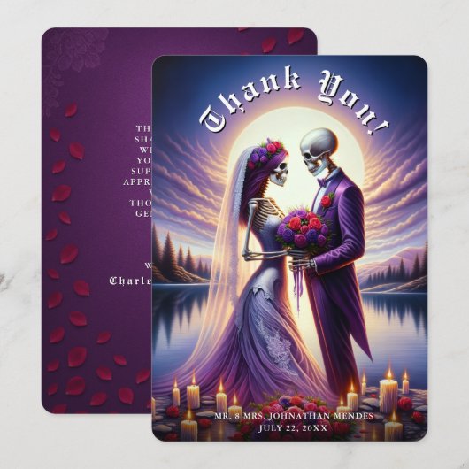 Gothic Skeleton Couple Red Roses Wedding サンキューカード (正面/裏面)