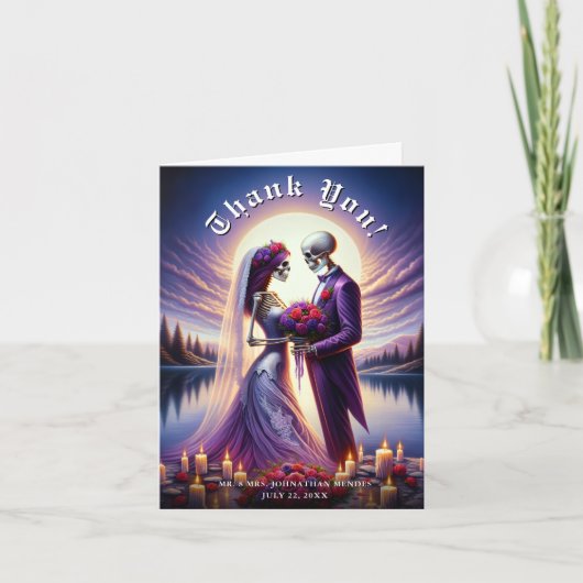 Gothic Skeleton Couple Red Roses Wedding サンキューカード (正面)
