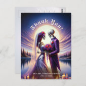 Gothic Skeleton Couple Red Roses Wedding Thank You ポストカード (正面/裏面)