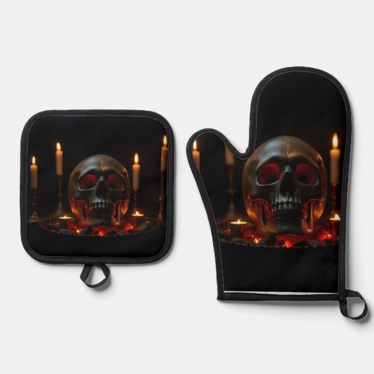 Gothic Skull Altar Halloween Oven Mitt Set 鍋つかみ&鍋敷きセット (正面)
