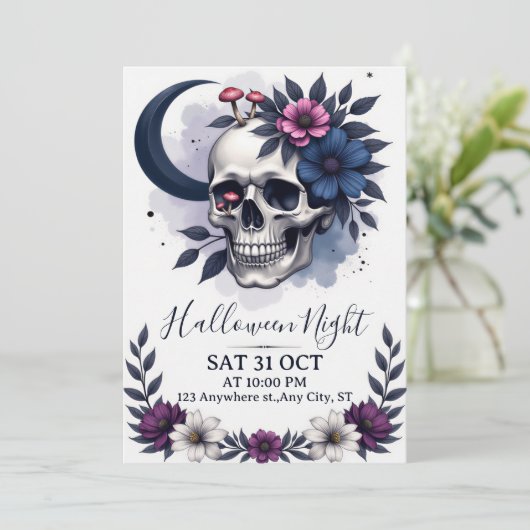 Gothic Skull and Floral Halloween Party Invitation 招待状 (スタンド正面)