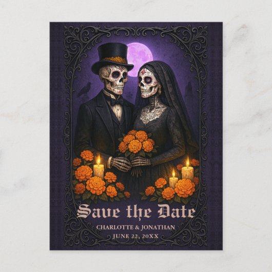 Gothic Skull Candy Couple Wedding Save the Date 案内ポストカード (正面)