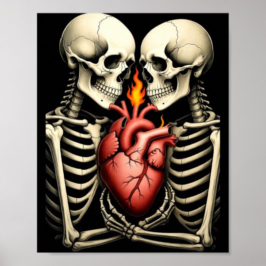 Gothic Skull Couple Flaming Heart Dark Romance Sty ポスター (正面)