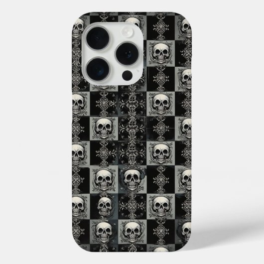 Gothic Skull & Damask Checkerboard Phone Case  Case-Mate iPhoneケース (裏面)