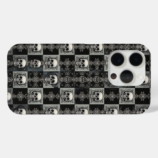 Gothic Skull & Damask Checkerboard Phone Case  Case-Mate iPhoneケース (裏面 (横))