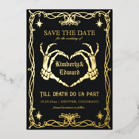 Gothic Skull Hallowedding Retro Save the date 箔招待状 (正面)