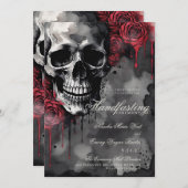 Gothic Skull & Red Roses Halloween Handfasting 招待状 (正面/裏面)