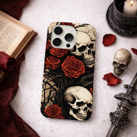 Gothic Skulls and Red Roses iPhoneケース