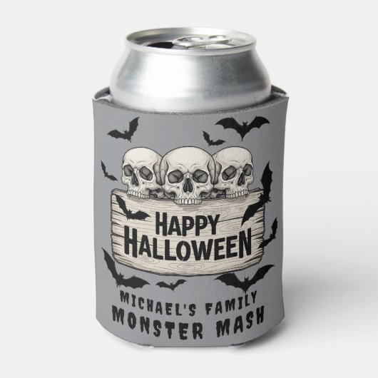 Gothic Skulls Bats Happy Halloween Beer Koozie 缶クーラー (缶正面)