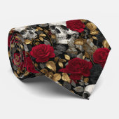 Gothic Skulls & Red Roses Dark Floral Gold ネクタイ (ロール)
