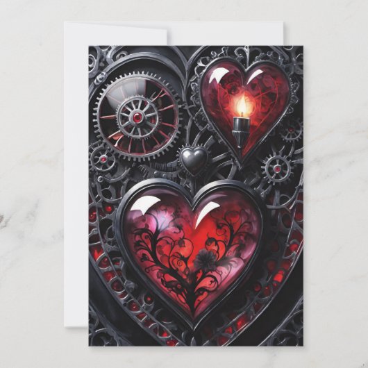 Gothic Steampunk Valentine Red & Black Gear Hearts シーズンカード (正面)