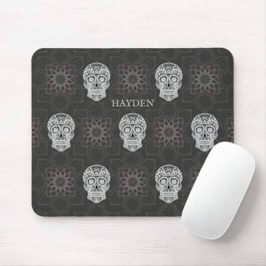 Gothic Sugar Skull and Grey Geometric Pattern マウスパッド (マウス)
