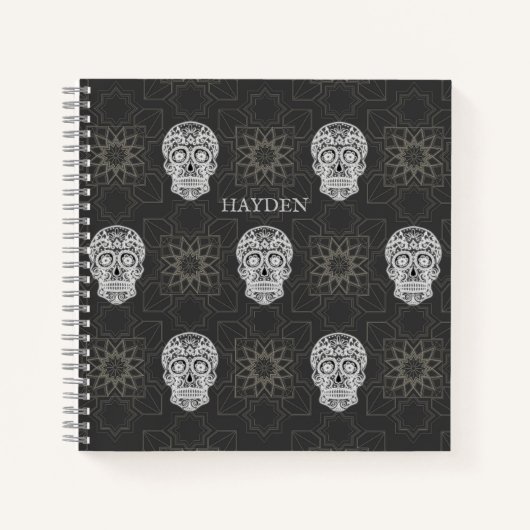 Gothic Sugar Skull and Grey Geometric Personalised ノートブック (正面)