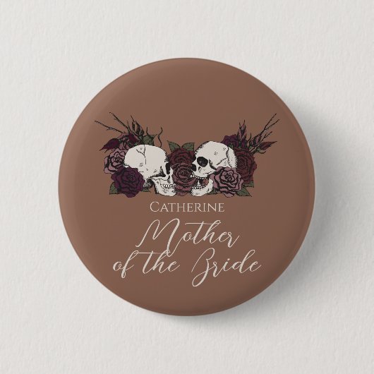 Gothic Tan Brown Skull & Rose Wedding Party 缶バッジ (正面)