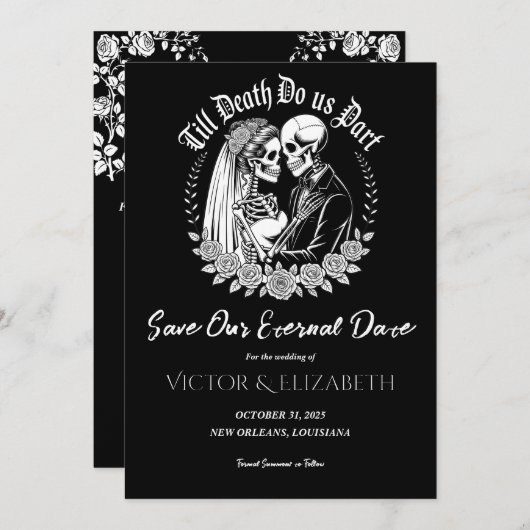 Gothic Till Death Black Elegant Skeleton Wedding セーブザデート (正面/裏面)