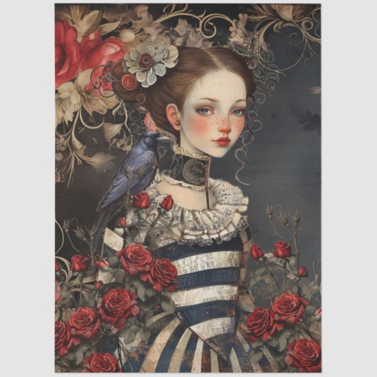 Gothic Valentine Girl & Raven w/ Red Roses 薄葉紙 (正面)