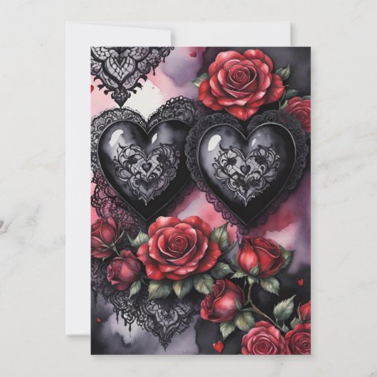 Gothic Valentine Red Hearts Black Lace & Roses シーズンカード (正面)