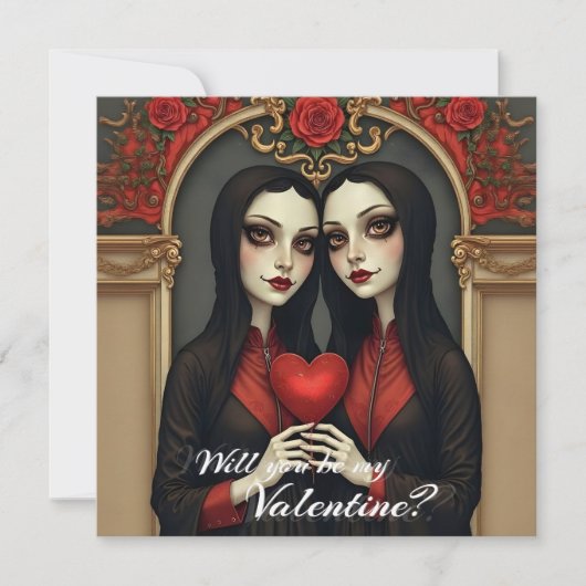 Gothic Valentine Twins with Red Heart ノートカード (正面)