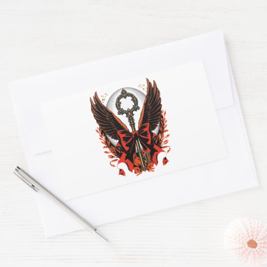 Gothic Velvet Bow Key with Wings & Moon 長方形シール (封筒)