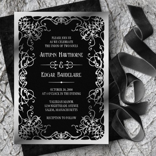 Gothic Victorian Black White Wedding Invitation 箔招待状