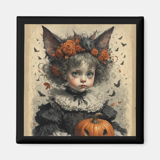 Gothic Victorian Girl Bat Ears & Pumpkin Halloween マグネット (正面)