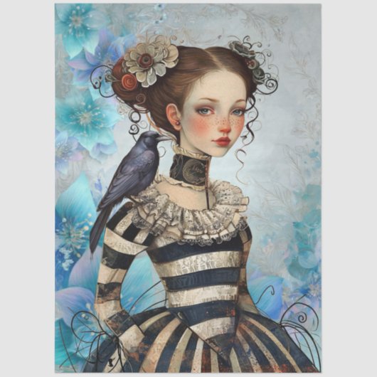 Gothic Victorian Girl & Raven Teal Florals 薄葉紙 (正面)